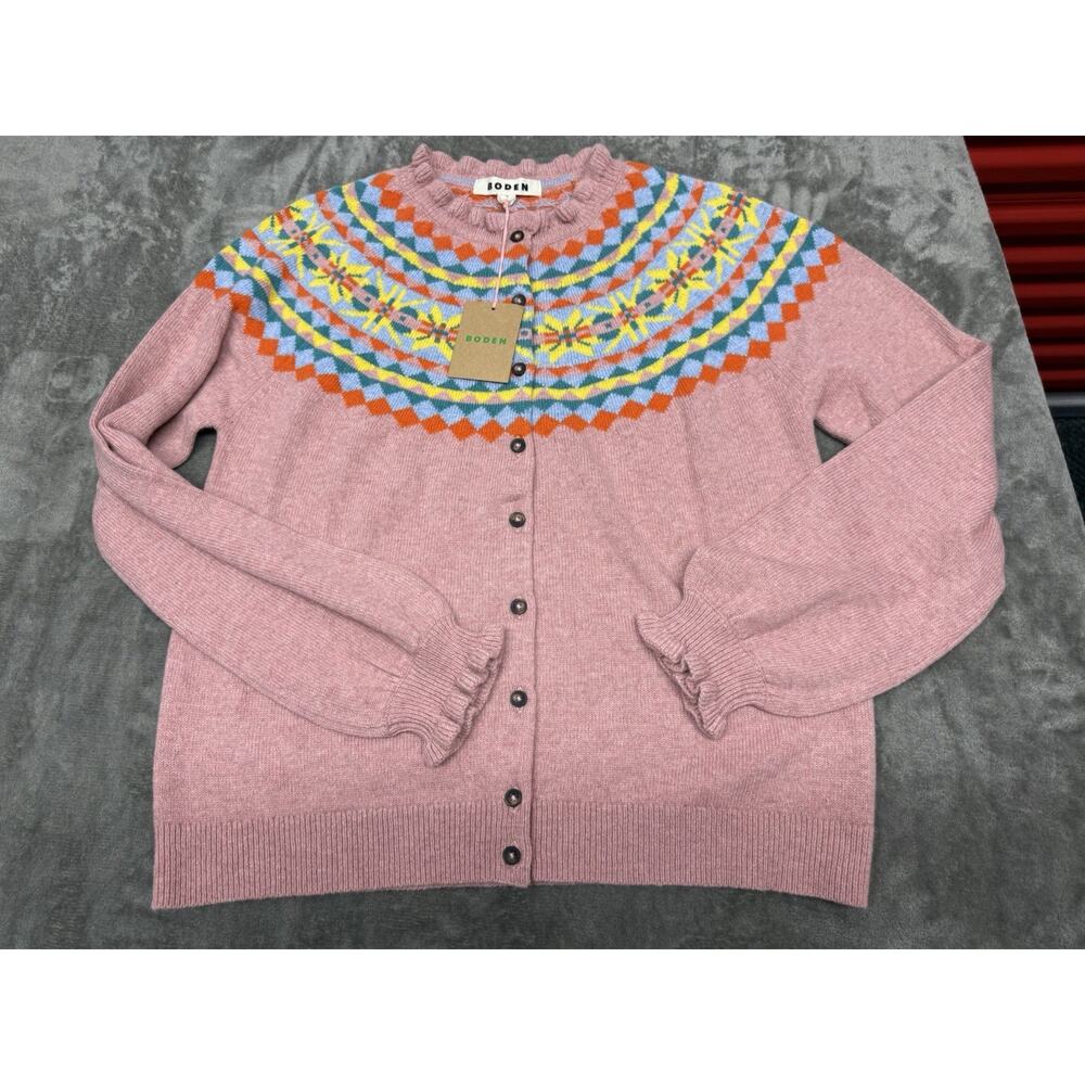 NWT Boden Fae Fair Isle Wool Alpaca Cotton Cardigan Pink Size Medium - Picture 4 of 7